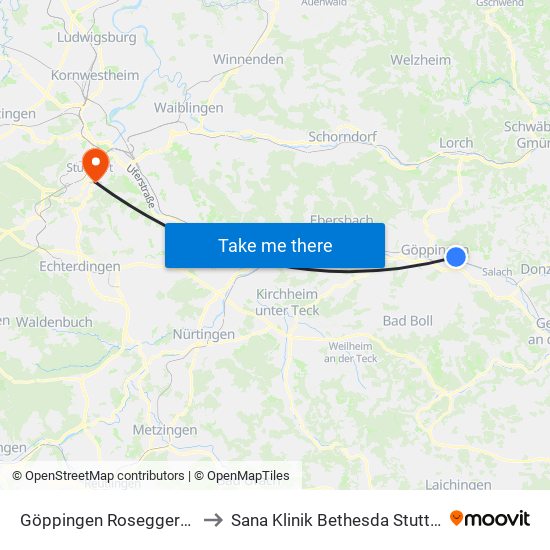 Göppingen Roseggerweg to Sana Klinik Bethesda Stuttgart map