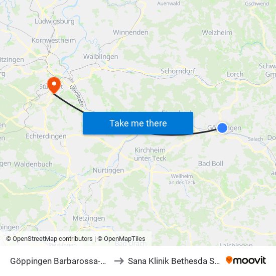 Göppingen Barbarossa-Thermen to Sana Klinik Bethesda Stuttgart map