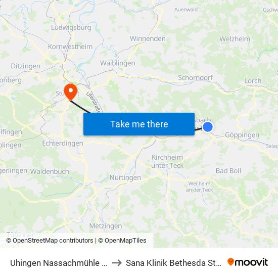 Uhingen Nassachmühle Schule to Sana Klinik Bethesda Stuttgart map
