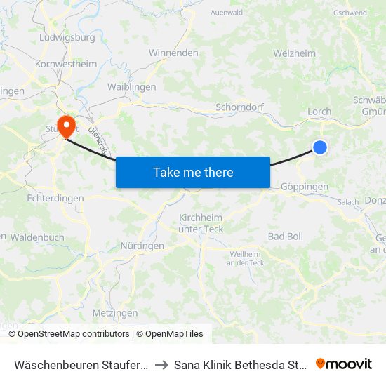 Wäschenbeuren Stauferschule to Sana Klinik Bethesda Stuttgart map