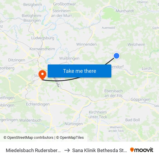 Miedelsbach Rudersberger Str. to Sana Klinik Bethesda Stuttgart map