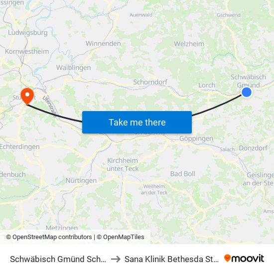 Schwäbisch Gmünd Schillerstr. to Sana Klinik Bethesda Stuttgart map