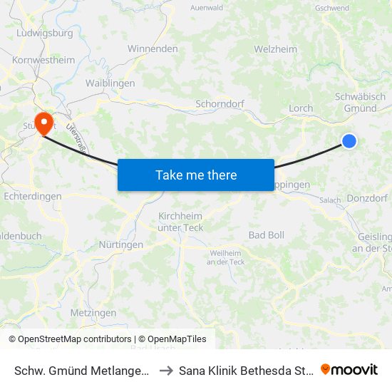 Schw. Gmünd Metlangen Abzw. to Sana Klinik Bethesda Stuttgart map