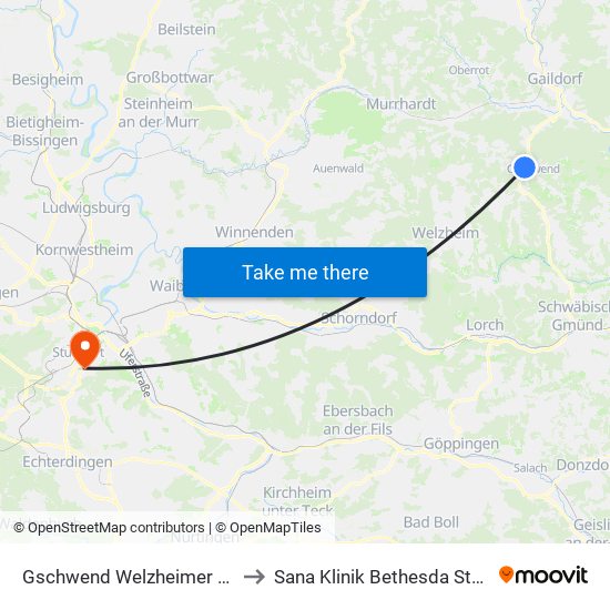 Gschwend Welzheimer Straße to Sana Klinik Bethesda Stuttgart map