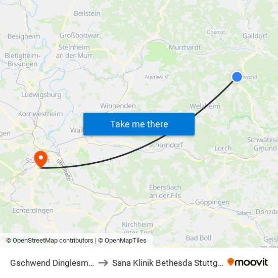 Gschwend Dinglesmad to Sana Klinik Bethesda Stuttgart map