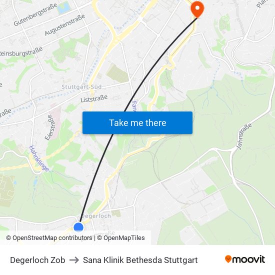 Degerloch Zob to Sana Klinik Bethesda Stuttgart map