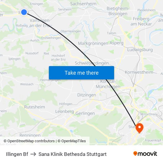 Illingen Bf to Sana Klinik Bethesda Stuttgart map