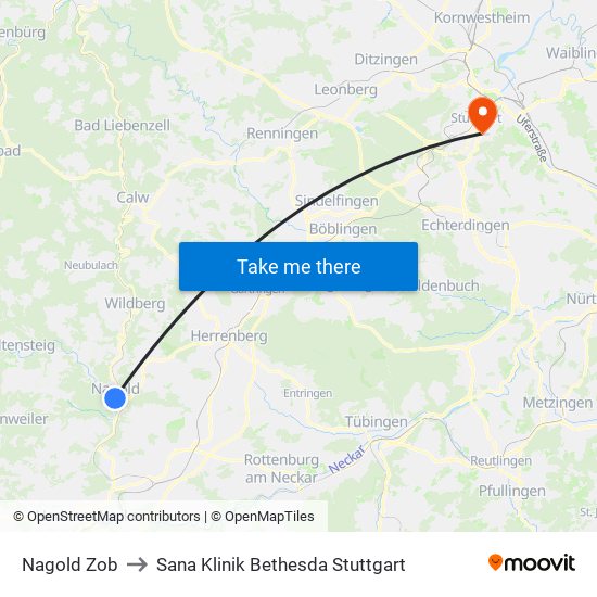 Nagold Zob to Sana Klinik Bethesda Stuttgart map