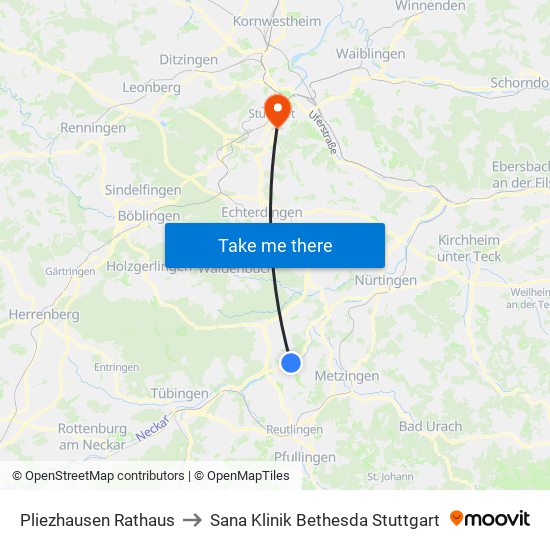 Pliezhausen Rathaus to Sana Klinik Bethesda Stuttgart map