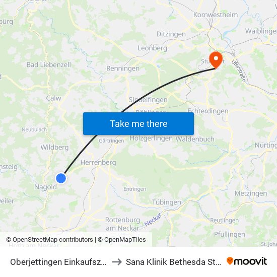 Oberjettingen Einkaufszentrum to Sana Klinik Bethesda Stuttgart map