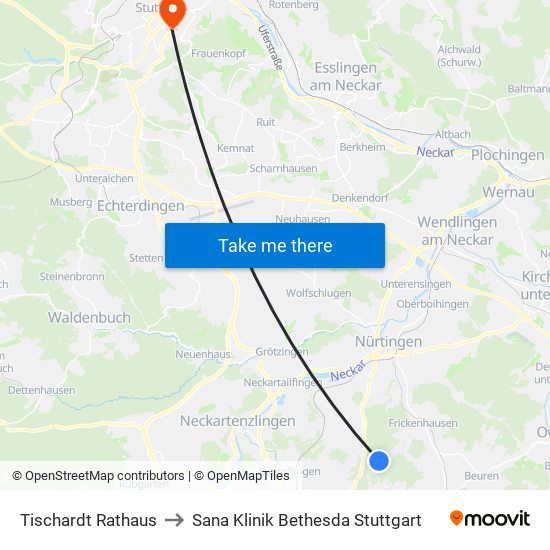 Tischardt Rathaus to Sana Klinik Bethesda Stuttgart map