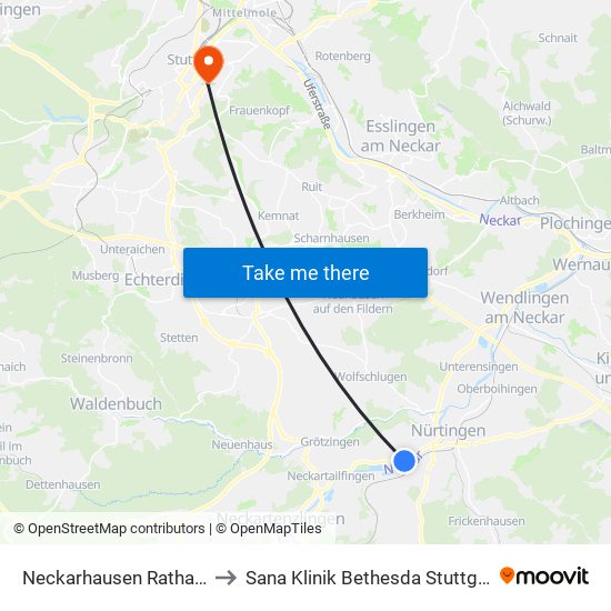 Neckarhausen Rathaus to Sana Klinik Bethesda Stuttgart map