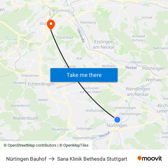 Nürtingen Bauhof to Sana Klinik Bethesda Stuttgart map