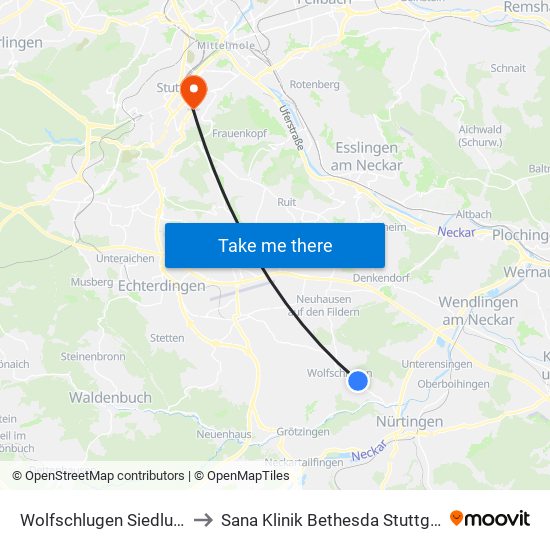 Wolfschlugen Siedlung to Sana Klinik Bethesda Stuttgart map