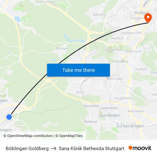 Böblingen Goldberg to Sana Klinik Bethesda Stuttgart map
