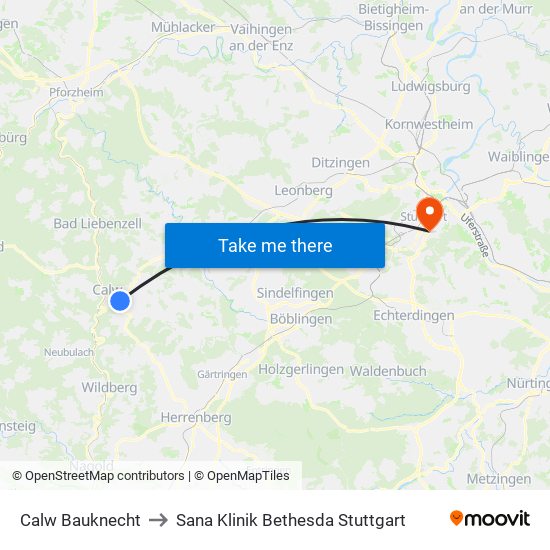 Calw Bauknecht to Sana Klinik Bethesda Stuttgart map