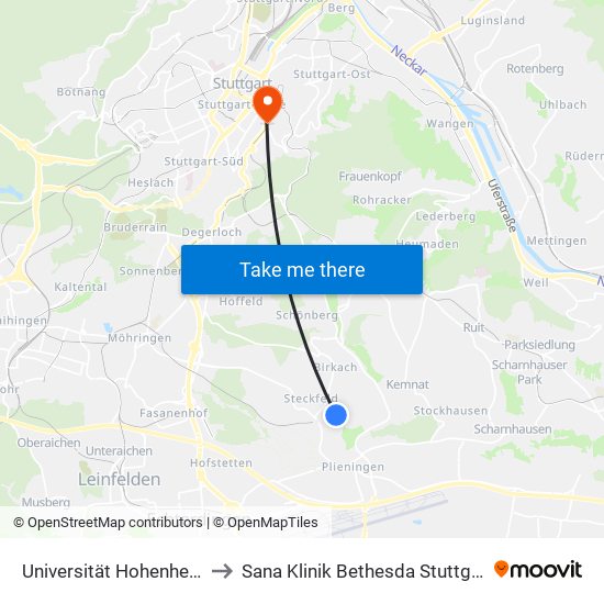 Universität Hohenheim to Sana Klinik Bethesda Stuttgart map