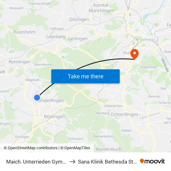 Maich. Unterrieden Gymnasium to Sana Klinik Bethesda Stuttgart map