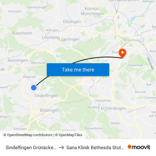 Sindelfingen Grünäckerstr. to Sana Klinik Bethesda Stuttgart map