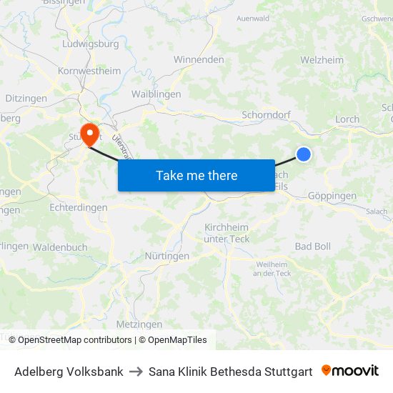 Adelberg Volksbank to Sana Klinik Bethesda Stuttgart map