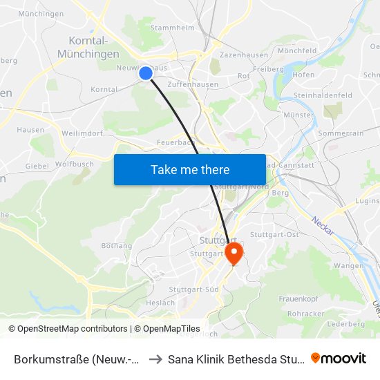 Borkumstraße (Neuw.-Siedl.) to Sana Klinik Bethesda Stuttgart map