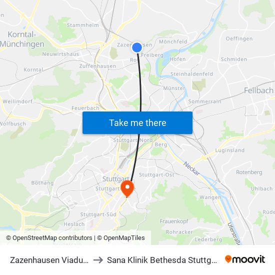 Zazenhausen Viadukt to Sana Klinik Bethesda Stuttgart map