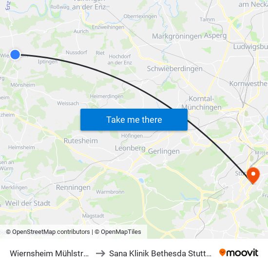 Wiernsheim Mühlstraße to Sana Klinik Bethesda Stuttgart map