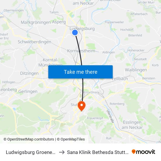 Ludwigsburg Groenerstr. to Sana Klinik Bethesda Stuttgart map