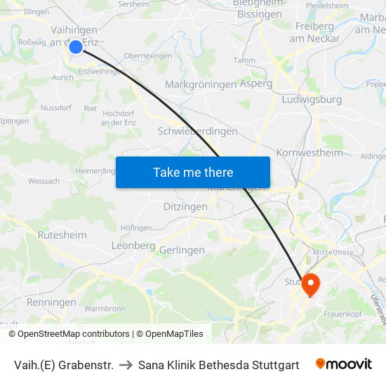 Vaih.(E) Grabenstr. to Sana Klinik Bethesda Stuttgart map