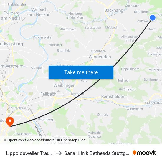 Lippoldsweiler Traube to Sana Klinik Bethesda Stuttgart map