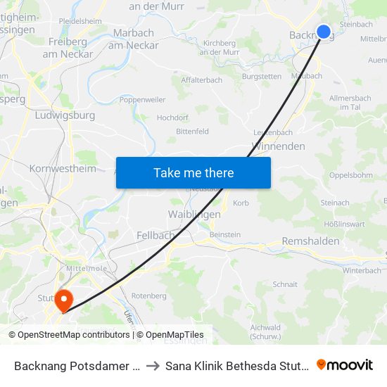 Backnang Potsdamer Ring to Sana Klinik Bethesda Stuttgart map