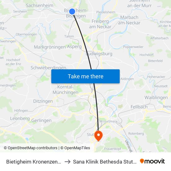 Bietigheim Kronenzentrum to Sana Klinik Bethesda Stuttgart map