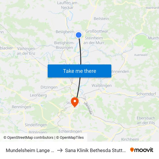 Mundelsheim Lange Str. to Sana Klinik Bethesda Stuttgart map