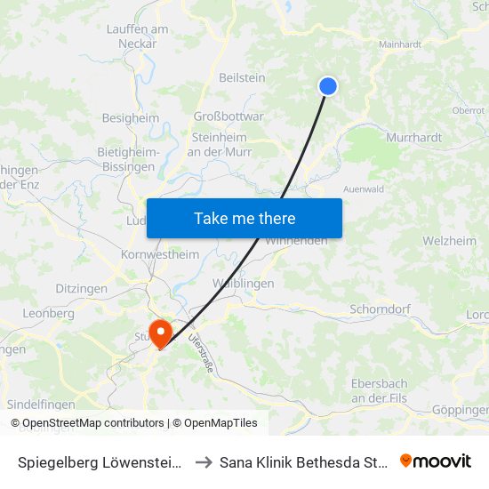 Spiegelberg Löwensteiner Str. to Sana Klinik Bethesda Stuttgart map