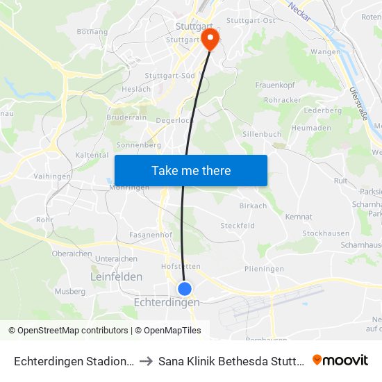 Echterdingen Stadionstr. to Sana Klinik Bethesda Stuttgart map
