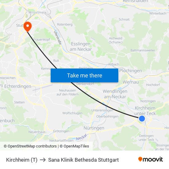 Kirchheim (T) to Sana Klinik Bethesda Stuttgart map