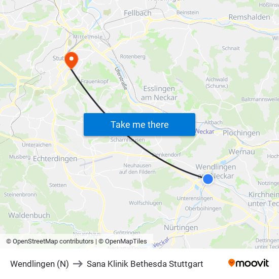 Wendlingen (N) to Sana Klinik Bethesda Stuttgart map