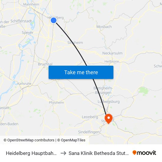 Heidelberg Hauptbahnhof to Sana Klinik Bethesda Stuttgart map