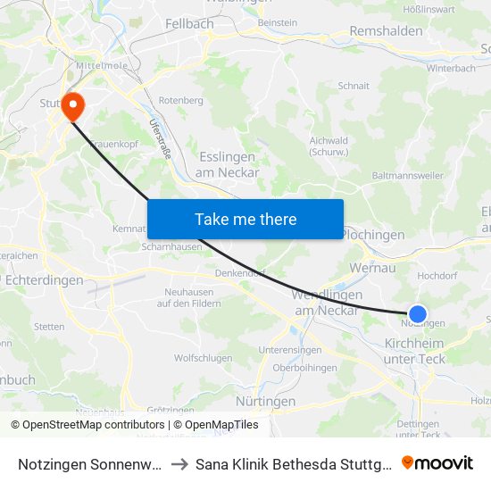 Notzingen Sonnenweg to Sana Klinik Bethesda Stuttgart map