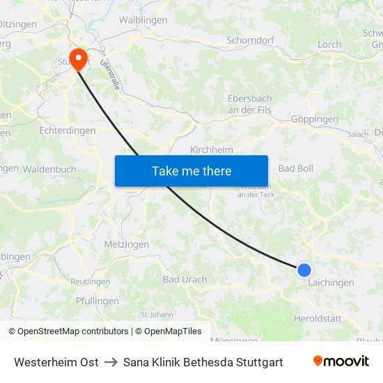 Westerheim Ost to Sana Klinik Bethesda Stuttgart map