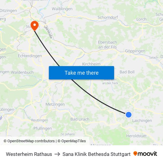 Westerheim Rathaus to Sana Klinik Bethesda Stuttgart map