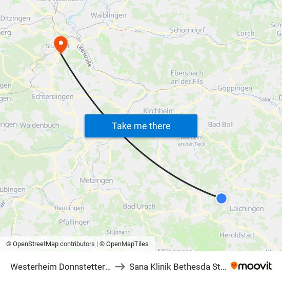 Westerheim Donnstetter Straße to Sana Klinik Bethesda Stuttgart map