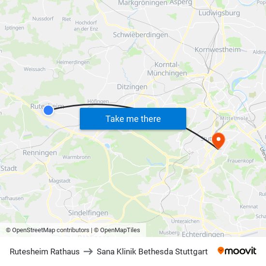 Rutesheim Rathaus to Sana Klinik Bethesda Stuttgart map