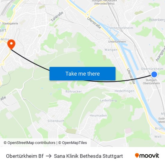 Obertürkheim Bf to Sana Klinik Bethesda Stuttgart map