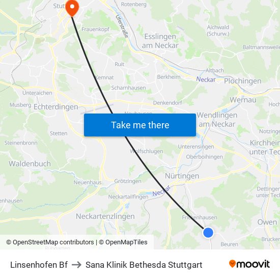 Linsenhofen Bf to Sana Klinik Bethesda Stuttgart map