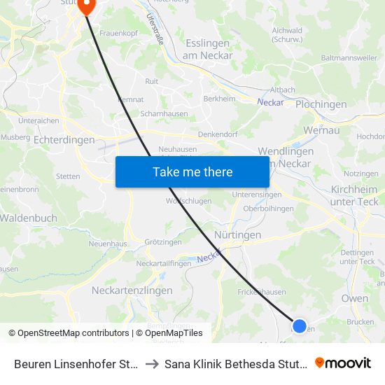 Beuren Linsenhofer Straße to Sana Klinik Bethesda Stuttgart map