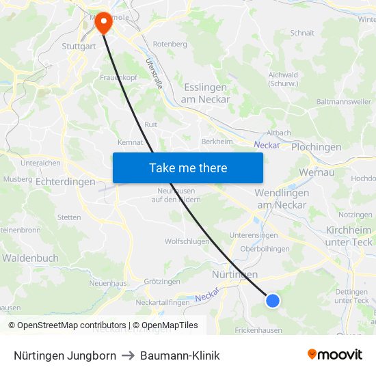 Nürtingen Jungborn to Baumann-Klinik map