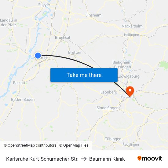 Karlsruhe Kurt-Schumacher-Str. to Baumann-Klinik map