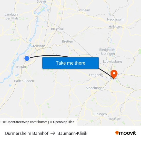 Durmersheim Bahnhof to Baumann-Klinik map