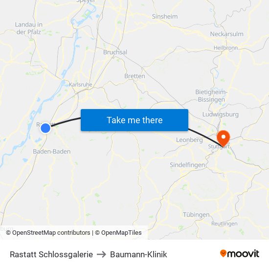 Rastatt Schlossgalerie to Baumann-Klinik map